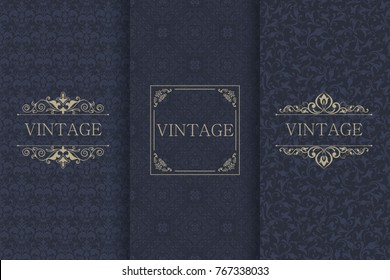 Set of Vintage seamless damask pattern. Template greeting card, invitation and advertising banner, brochure. Collection of design elements, labels, icon, frames for packaging, design of luxury product