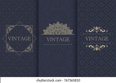 Set of Vintage seamless damask pattern. Template greeting card, invitation and advertising banner, brochure. Collection of design elements, labels, icon, frames for packaging, design of luxury product