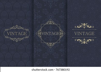 Set of Vintage seamless damask pattern. Template greeting card, invitation and advertising banner, brochure. Collection of design elements, labels, icon, frames for packaging, design of luxury product