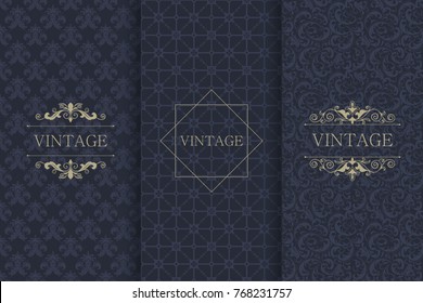 Set of Vintage seamless damask pattern. Template greeting card, invitation and advertising banner, brochure. Collection of design elements, labels, icon, frames for packaging, design of luxury product