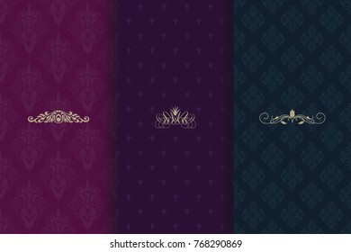 Set of Vintage seamless damask pattern. Template greeting card, invitation and advertising banner, brochure. Collection of design elements, labels, icon, frames for packaging, design of luxury product