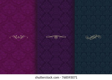 Set of Vintage seamless damask pattern. Collection of design elements, labels, icon, frames for packaging, design of luxury product. Template greeting card, invitation and advertising banner, brochure