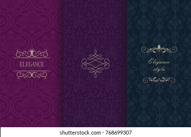 Set of Vintage seamless damask pattern. Collection of design elements, labels, icon, frames for packaging, design of luxury product. Template greeting card, invitation and advertising banner, brochure