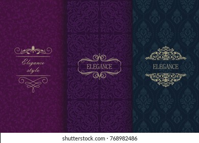 Set of Vintage seamless damask pattern. Collection of design elements, labels, icon, frames for packaging, design of luxury product. Template greeting card, invitation and advertising banner, brochure