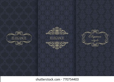 Set of Vintage seamless damask pattern. Collection of design elements, labels, icon, frames for packaging, design of luxury product. Template greeting card, invitation and advertising banner, brochure