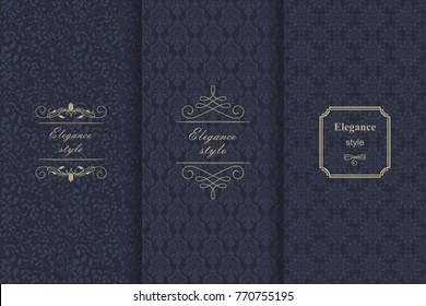 Set of Vintage seamless damask pattern. Collection of design elements, labels, icon, frames for packaging, design of luxury product. Template greeting card, invitation and advertising banner, brochure