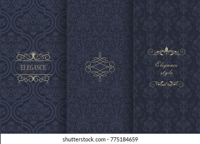 Set of Vintage seamless damask pattern. Collection of design elements, labels, icon, frames for packaging, design of luxury product. Template greeting card, invitation and advertising banner, brochure