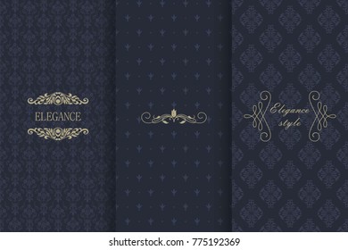 Set of Vintage seamless damask pattern. Collection of design elements, labels, icon, frames for packaging, design of luxury product. Template greeting card, invitation and advertising banner, brochure