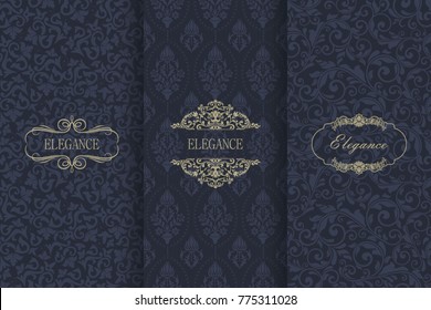 Set of Vintage seamless damask pattern. Collection of design elements, labels, icon, frames for packaging, design of luxury product. Template greeting card, invitation and advertising banner, brochure