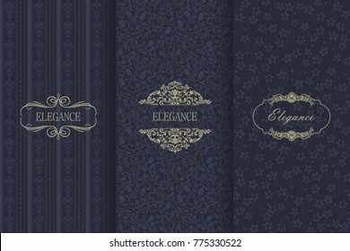 Set of Vintage seamless damask pattern. Collection of design elements, labels, icon, frames for packaging, design of luxury product. Template greeting card, invitation and advertising banner, brochure