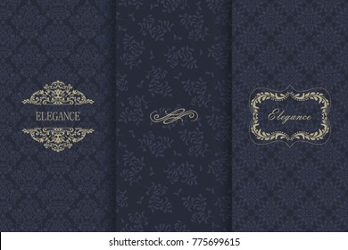 Set of Vintage seamless damask pattern. Collection of design elements, labels, icon, frames for packaging, design of luxury product. Template greeting card, invitation and advertising banner, brochure