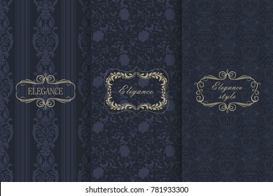 Set of Vintage seamless damask pattern. Collection of design elements, labels, icon, frames for packaging, design of luxury product. Template greeting card, invitation and advertising banner, brochure