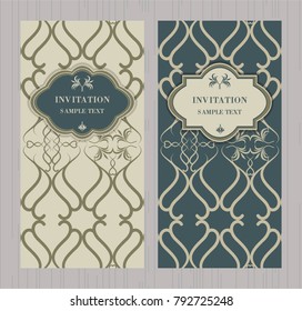 Set of Vintage seamless damask pattern. Template greeting card, invitation and advertising banner, brochure. Collection of design elements, labels, icon, frames for packaging, design of luxury product