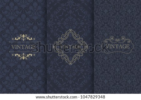 Set of Vintage seamless damask pattern. Template greeting card, invitation and advertising banner, brochure. Collection of design elements, labels, icon, frames for packaging, design of luxury product
