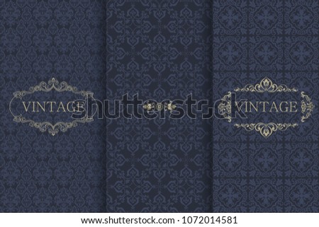 Set of Vintage seamless damask pattern. Template greeting card, invitation and advertising banner, brochure. Collection of design elements, labels, icon, frames for packaging, design of luxury product