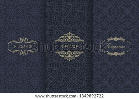 Set of Vintage seamless damask pattern. Collection of design elements, labels, icon, frames for packaging, design of luxury product. Template greeting card, invitation and advertising banner, brochure