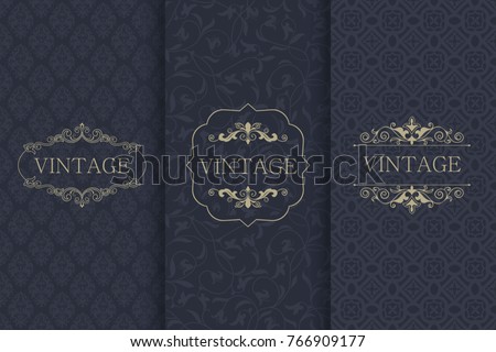 Set of Vintage seamless damask pattern and elegant floral elements in dark blue, black and gold. Collection of design elements, labels, icon, frames for packaging,design of luxury products. Invitation
