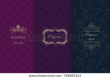 Set of Vintage seamless damask pattern. Template greeting card, invitation and advertising banner, brochure. Collection of design elements, labels, icon, frames for packaging, design of luxury product