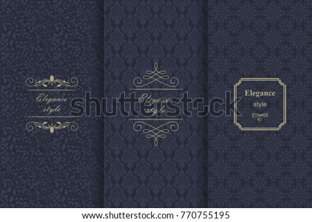 Set of Vintage seamless damask pattern. Collection of design elements, labels, icon, frames for packaging, design of luxury product. Template greeting card, invitation and advertising banner, brochure