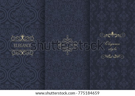 Set of Vintage seamless damask pattern. Collection of design elements, labels, icon, frames for packaging, design of luxury product. Template greeting card, invitation and advertising banner, brochure