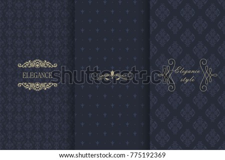 Set of Vintage seamless damask pattern. Collection of design elements, labels, icon, frames for packaging, design of luxury product. Template greeting card, invitation and advertising banner, brochure