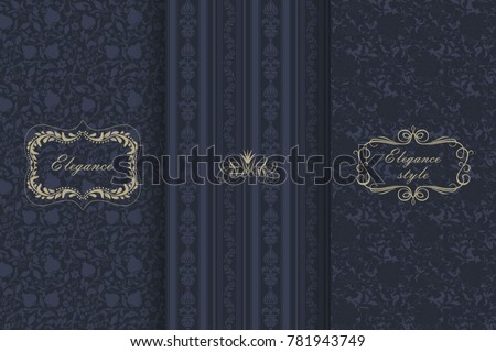 Set of Vintage seamless damask pattern. Collection of design elements, labels, icon, frames for packaging, design of luxury product. Template greeting card, invitation and advertising banner, brochure
