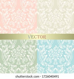 A set of vintage seamless Damask patterns. Collection of pastel colors of the ornament. Blue, green, pink, beige background. Openwork fashion Wallpaper, lace fabric in vector