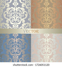 A set of vintage seamless Damask patterns. Golden collection of pastel colors of the ornament. Brilliant blue, lilac, pink, orange background. Openwork fashion Wallpaper, lace fabric in vector
