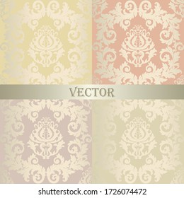 A set of vintage seamless Damask patterns. Golden collection of pastel colors of the ornament. Brilliant green, lilac, pink, yellow background. Openwork fashion Wallpaper, lace fabric in vector