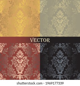 Conjunto de patrones vintage de damasco sin costura. Colección de oro de ornamento. Brillante amarillo, verde, rojo, fondo negro. Papel de fondo de pantalla de diseño abierto, tela de encaje en vectores 