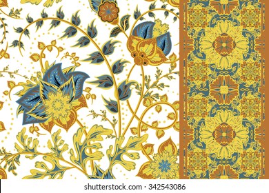 Set of vintage Seamless floral background and seamless border. Vector fantasy flowers pattern. Use to create fabric projects or design elements for scrap booking, greeting cards, textiles.
