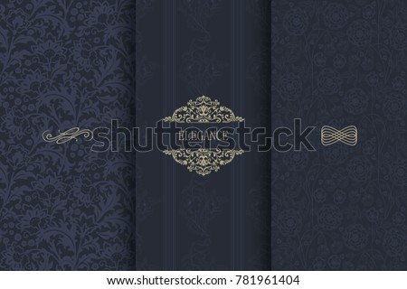 Set of Vintage seamless floral pattern. Collection of design elements, labels, icon, frames for packaging, design of luxury product. Template greeting card, invitation and advertising banner, brochure