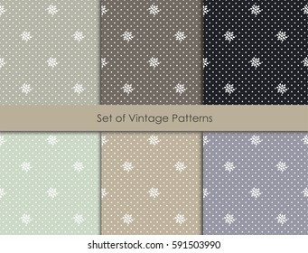 set of vintage seamless pattern. polka dot texture with flowers