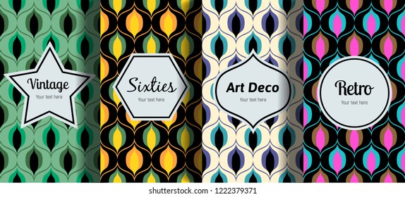 Set of vintage seamless patterns with different color. Retro style. Art Deco Sixties