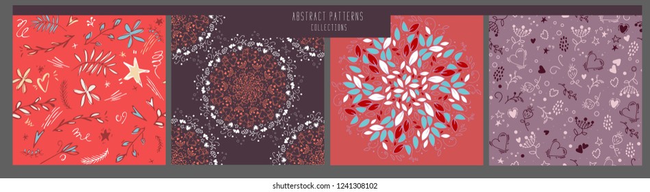 set vintage seamless patterns. Hand drawn. Vector illustration can be used for ceramic tile, wallpaper, textile, invitation, greeting card, web page background.floral patterns. Romantic set. Pink red