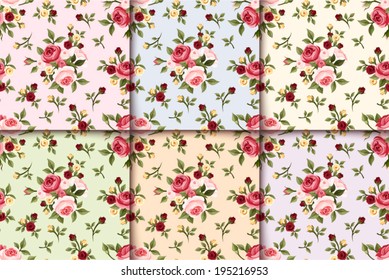 Set of vintage seamless patterns with roses. Vector eps-10.
