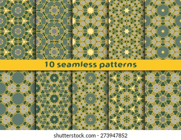 Set of vintage seamless patterns. Ten fashion ornaments with Swatch for filling.
