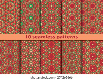 Set of vintage seamless patterns. Ten hexagonal ornaments with Swatch for filling.