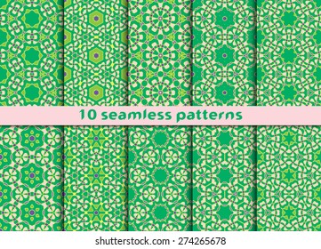 Set of vintage seamless patterns. Ten hexagonal ornaments with Swatch for filling.