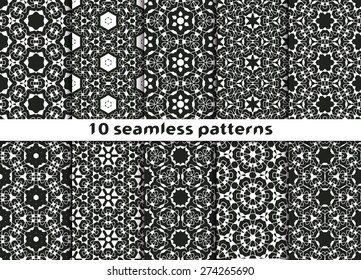 Set of vintage seamless patterns. Ten hexagonal ornaments with Swatch for filling.