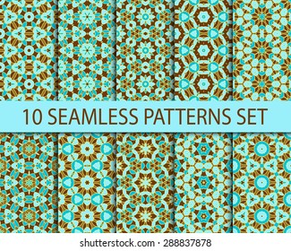 Set of vintage seamless patterns. Ten unrepeatable asian ornaments with swatch for filling.