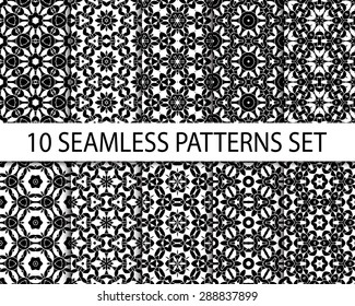 Set of vintage seamless patterns. Ten unrepeatable asian ornaments with swatch for filling.