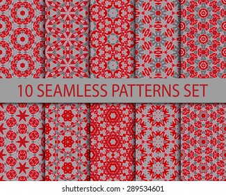 Set of vintage seamless patterns. Ten unrepeatable tribal ornaments with swatch for filling.