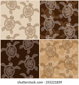  Set of  vintage seamless patterns with turtles. Seamless pattern can be used for wallpaper, pattern fills, web page background,surface textures. Seamless animal background. Indian mehendi style