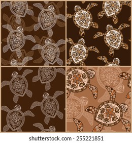  Set of  vintage seamless patterns with turtles. Seamless pattern can be used for wallpaper, pattern fills, web page background,surface textures. Seamless animal background. Indian mehendi style