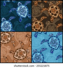  Set of  vintage seamless patterns with turtles. Seamless pattern can be used for wallpaper, pattern fills, web page background,surface textures. Seamless animal background. Indian mehendi style