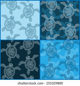  Set of  vintage seamless patterns with turtles. Seamless pattern can be used for wallpaper, pattern fills, web page background,surface textures. Seamless animal background. Indian mehendi style