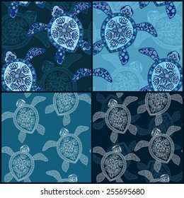  Set of  vintage seamless patterns with turtles. Seamless pattern can be used for wallpaper, pattern fills, web page background,surface textures. Seamless animal background. Indian mehendi style