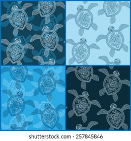 Set of vintage seamless patterns with turtles. Seamless pattern can be used for wallpaper, pattern fills, web page background,surface textures. Seamless animal background. Indian mehendi style