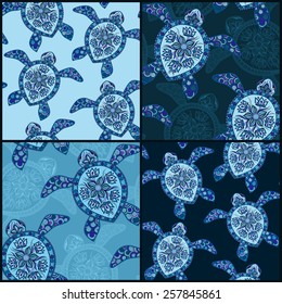 Set of vintage seamless patterns with turtles. Seamless pattern can be used for wallpaper, pattern fills, web page background,surface textures. Seamless animal background. Indian mehendi style